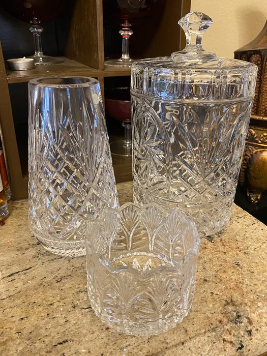 Three Pieces Sculptured Crystal: Vase, Ice Bucket, and (1 of 17)