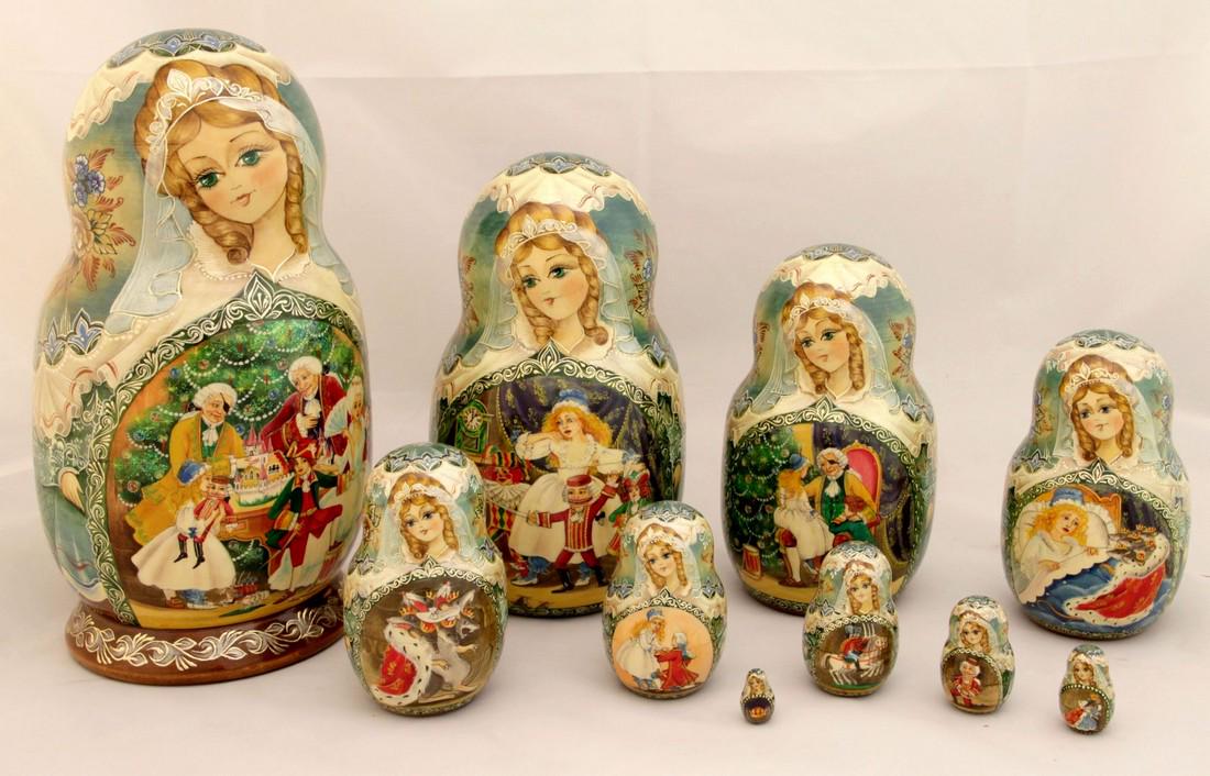 Matreshka “Nutcracker”: Dimensions: 12.5 × 25.5 cm Matreshka, Russian hand-made and hand-painted nesting doll, Stecking doll “Nutcracker”, painter – Rodionova. 10 pieces Reserve: $350.00 Shipping: Domestic: Flat-rate