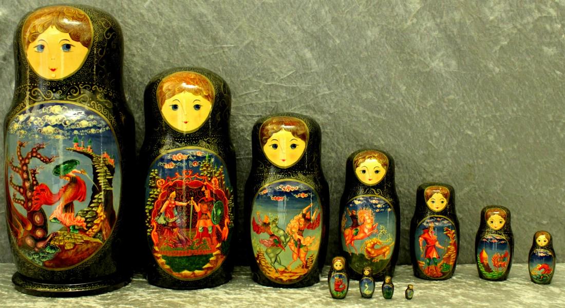 Matreshka “Ruslan and Lyudmila”: Dimensions: 0.0 × 15.0 × 33.0 cm Large Matreshka – Pushkin’s fairy tale “Ruslan and Lyudmila”. Traditional Russian wooden nesting doll. Handmade, handpainting, 11 psc. Reserve: $440.00 Shipp