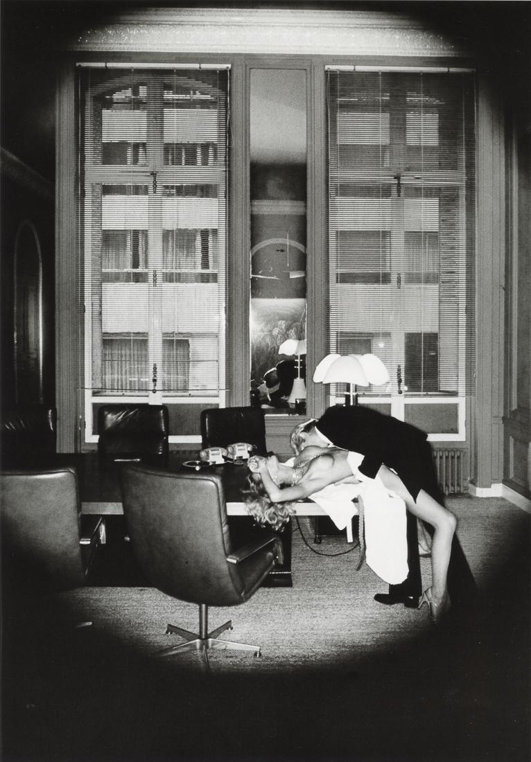 HELMUT NEWTON - Office Love, 1976: Artist: Helmut Newton Title: Office Love, 1976 Medium: Photo Litho, 1996, Italy Dimensions: 7.8x11.2" Description: Heat Wax Mounted on 11x14" Conservation Board Artist Bio: Helmut Newton (1920-2004) w
