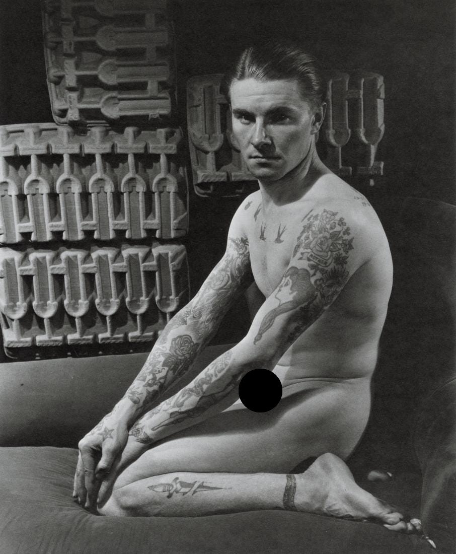 GEORGE PLATT-LYNES - Male Nude with Tattoos, 1934: Artist: George Platt-Lynes Title: Male Nude with Tattoos, 1934 Medium: Photo Litho, 1993, USA Dimensions: 6.95x8.45" Description: Heat Wax Mounted on 8.5x11" Conservation Board Artist Bio: George Plat