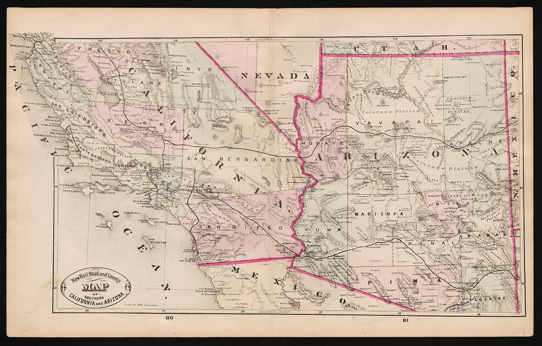 Scarce 2-pg map of S. Calif/Arizona, 1882 (1 of 4)