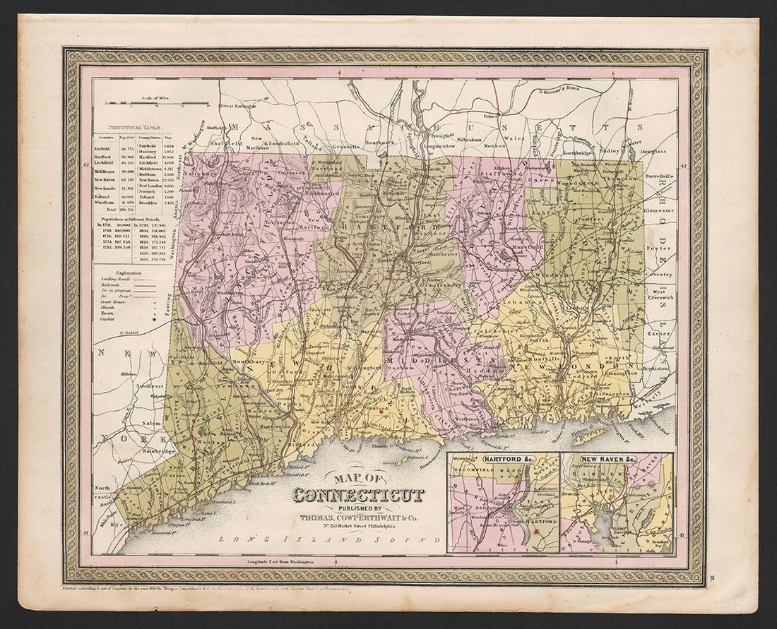 1854 RR map of Connecticut by Cowperthwait: From an 1854 edition of Cowperthwait’s “New Universal Atlas.” Railroad routes highlighted in red overlay coloring. Highly detailed with towns, rivers, lakes, topography, roads and de