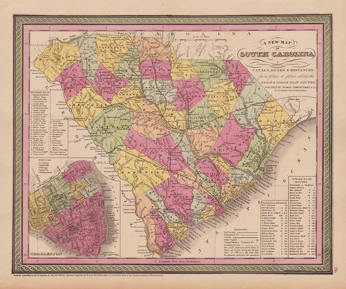 RR map of South Carolina, 1853: Nice railroad map of South Carolina with railroad lines highlighted in red overlay hand color to make them stand out (done at the time it was published in 1853). Shows counties, towns, rivers, lakes,