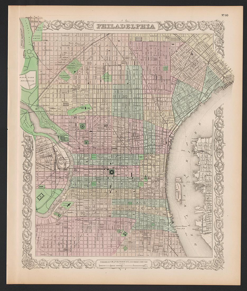 Map of Philadelphia from scarce Colton atlas: Highly detailed map with identification of street names, important parks, rivers, and railroad lines. Lovely pastel red, green, tan, pink, and yellow hand coloring used to distinguish sections of the