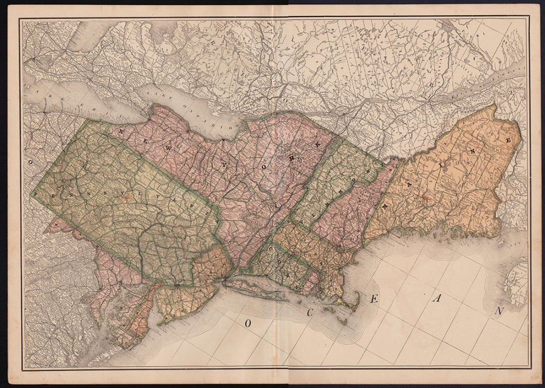 1876 RR map - NE U.S. in uncommon format: Large and uncommon map of the upper eastern seaboard of the United States in an unusual layout. From the very scarce 1876 Jones and Hamilton Historical Atlas of the World Illustrated. Clean and sound 