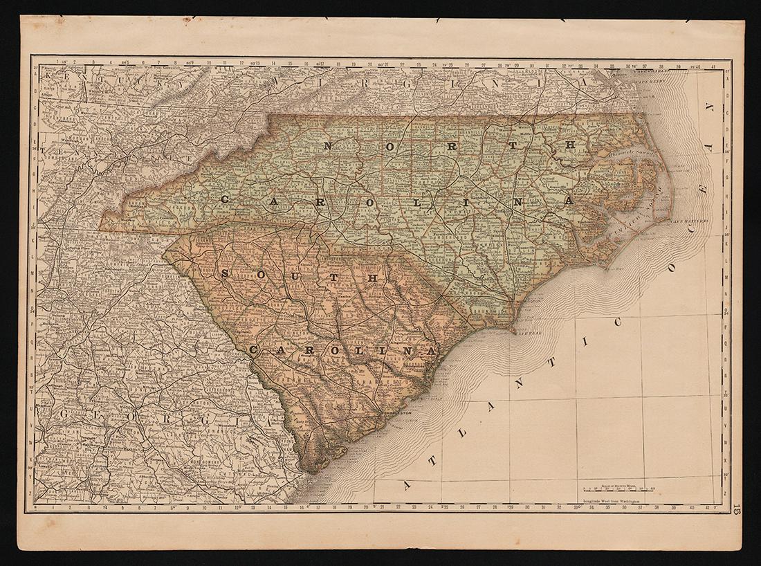 1876 N. & S. Carolina by A. K. Johnston: This unique map of North and South Carolina, by A. K. Johnston, was created in 1876 for the very scarce Jones and Hamilton “Historical Atlas of the World Illustrated." Johnstons maps represent a