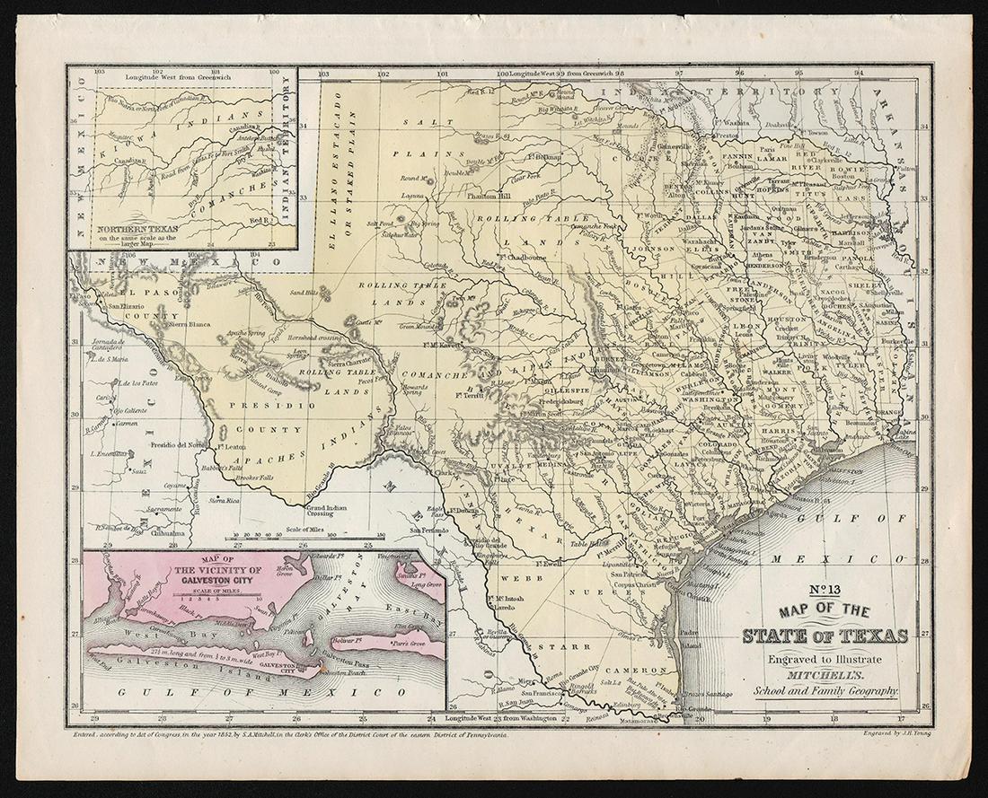 1852 Cowperthwait, Desilver, Butler map of Texas: The horizontal layout not commonly seen. “No. 13 Map of the State of Texas Engraved to Illustrate Mitchell’s School and Family Geography.” Nicely detailed with original hand-coloring
