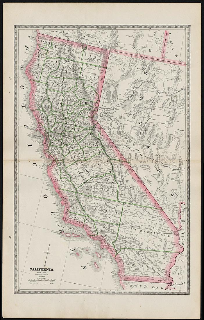 Early 2-pg map of California w/Nevada, 1883: Nice early double-page map of California from one of the earliest Cram atlases. Also shows most of Nevada. Shows only seven counties in southern part of the state below the 36th parallel (there are no
