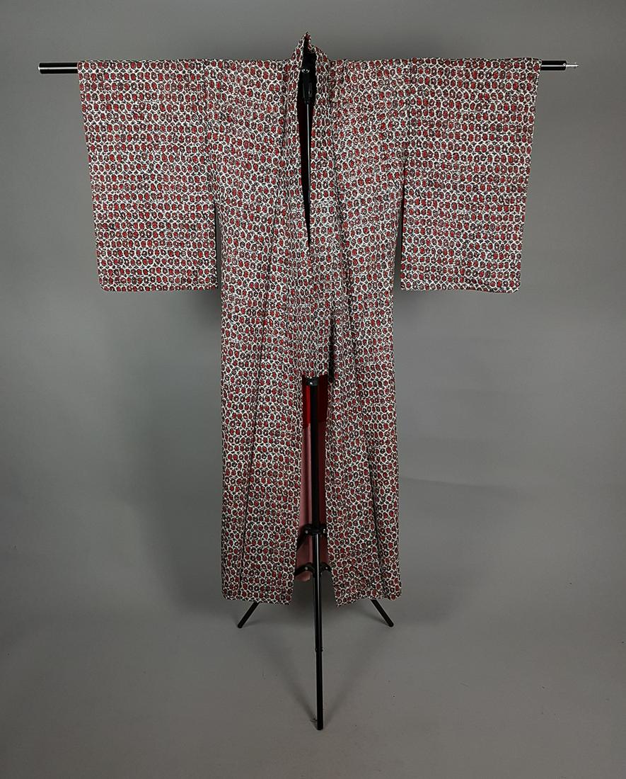 RED CHIRIMEN SILK KIMONO: Title: RED CHIRIMEN SILK KIMONO Dimensions: Length from collar: 150 cm;59.05 in; Length from sleeve to sleeve:125 cm; 49.21in; Description: We offer in house shipping - Fedex shipping =40 $; 7-10 work
