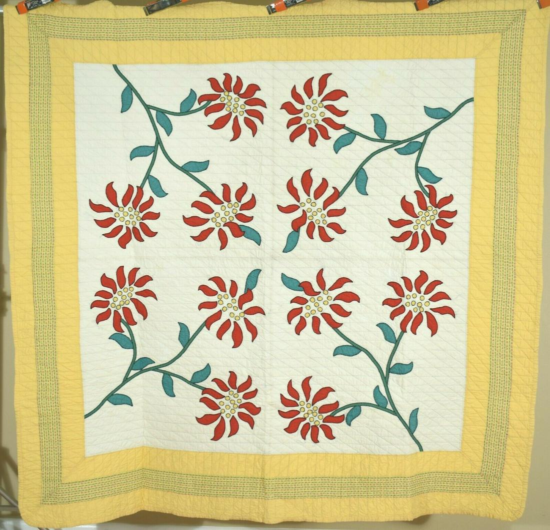 40's Poinsettia Applique Quilt: This cotton 30's/40's poinsettia quilt is hand appliqued and hand quilted, with hand embroidered accents/buttonhole stitching around the applique. The quilt came out of Tidioute, PA (Warren County). I