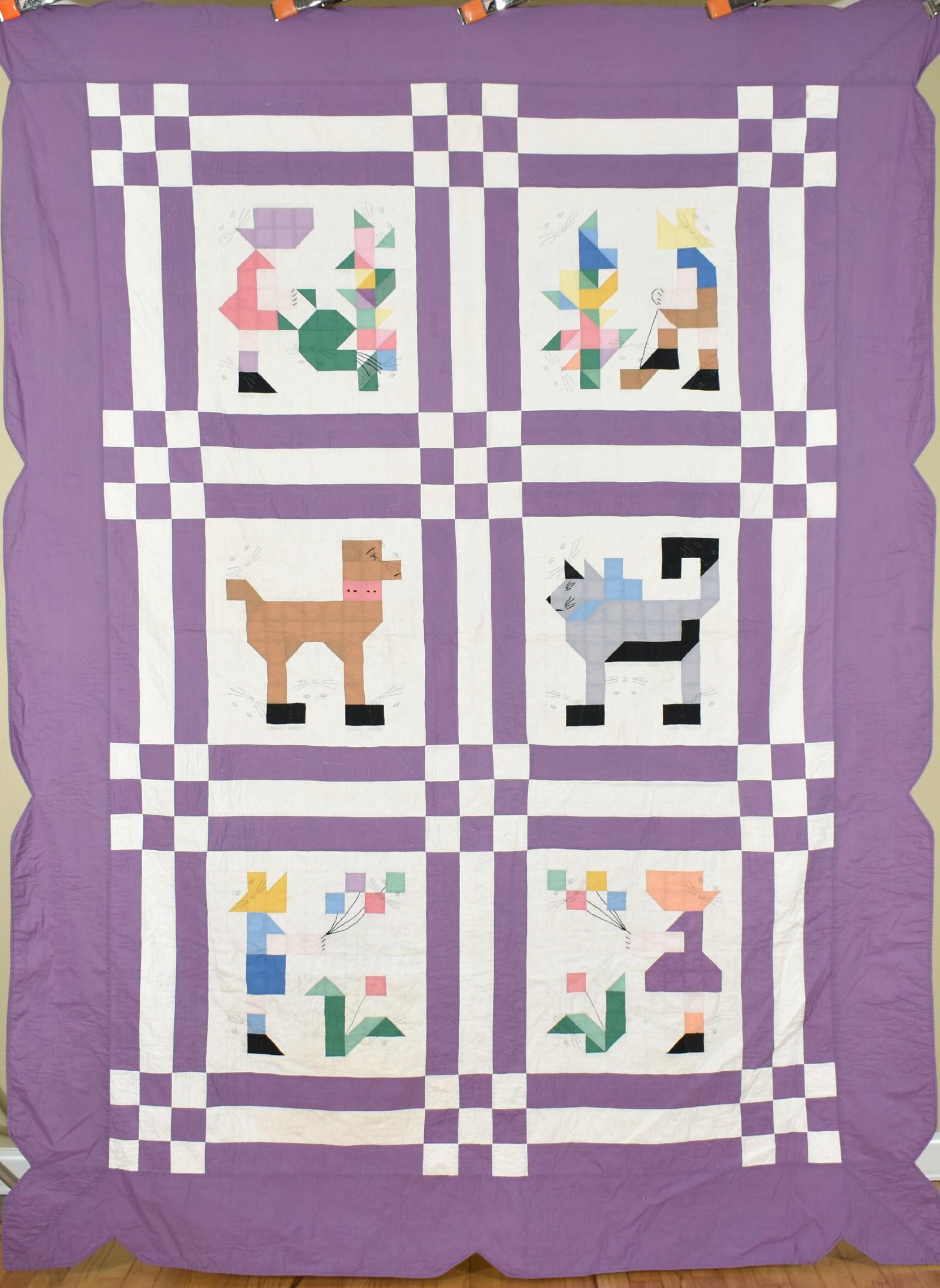 30's Ann Orr Pictorial Mosaic Quilt: Cotton 20's/30's Ann Orr Mosaic quilt, all hand pieced and hand quilted, with children, dog, cat, and a scalloped edge. It measures 70" X 90 and is in excellent condition, with a couple of small, fain