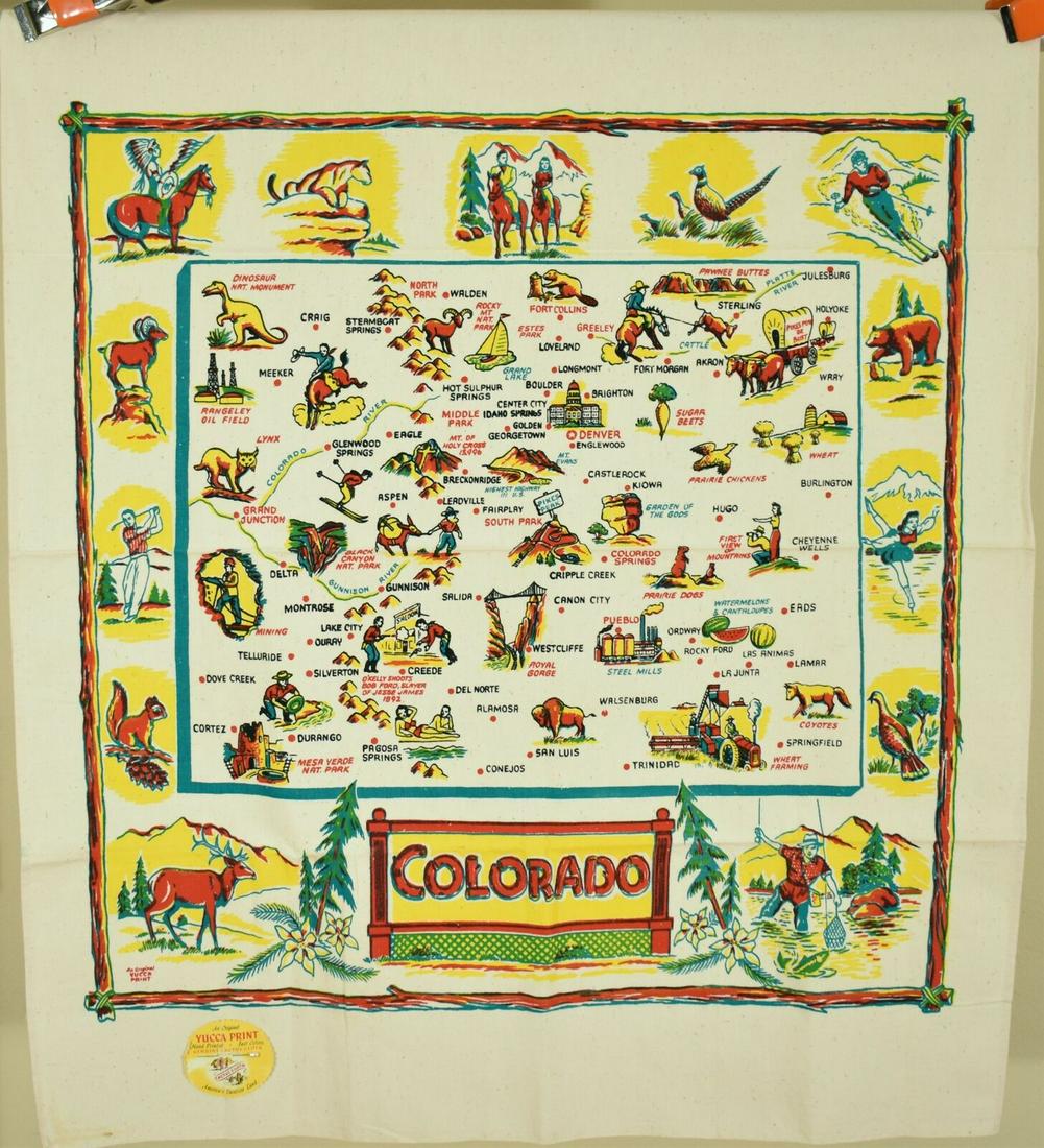Rare 40's Colorado Tablecloth: This rare cotton vintage 40's Colorado souvenir tablecloth is in mint, never washed condition, with the original paper label on the front: "An Original Yucca Print, Hand Printed, Fast Colors, Genuine