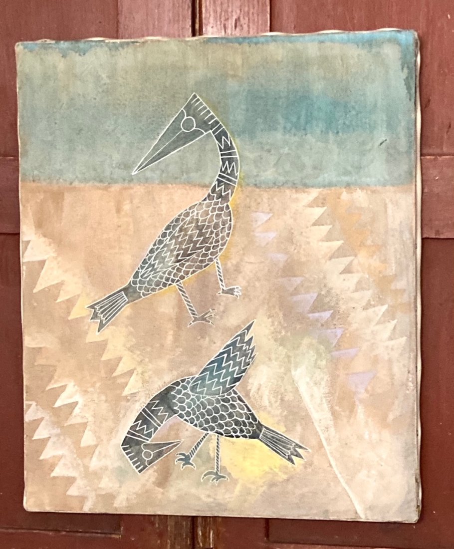 Dated 1993 Southwest style canvas painting of birds: Title: Dated 1993 Southwest style canvas painting of birds Provenance/Additional Info: Nice soft colors. To Uncle Bill on the back. 15" x 18". Shipping: Domestic: Flat-rate of $25.00 to anywhere withi