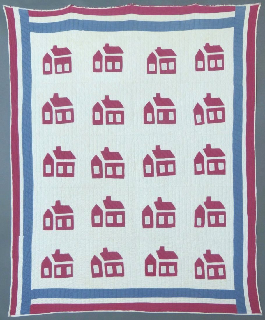 Antique, Red White & Blue, Cotton "Schoolhouse" Quilt (1 of 7)