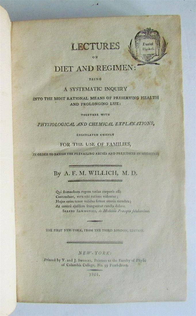 1801 Lectures on diet and regimen by Willich ANTIQUE: Lectures on diet and regimen: being a systematic inquiry into the most rational means of preserving health and prolonging life: together with physiological and chemical explanations, calculated chiefl