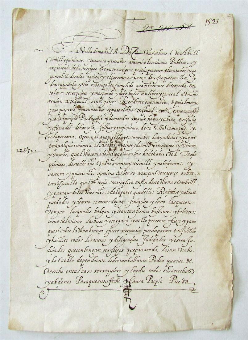 1593 MANUSCRIPT on paper in SPANISH antique: Size 8 1/2 by 12 1/4" 4 pages (2 leaves) Reserve: $35.00 Shipping: Domestic: Flat-rate of $25.00 to anywhere within the contiguous U.S. International: Foreign shipping rates are determined by destinat