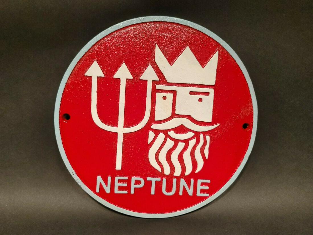 Cast Iron Round Red Neptune Gas Oil Sign Plaque: 9 1/2" round 1/4" thick Such a neat reproduction cast iron plaque/sign. This sign is all solid cast iron. Hand painted, wonderful signs of wear and distress. Hard to tell its age! Reserve: $26.00 Ship