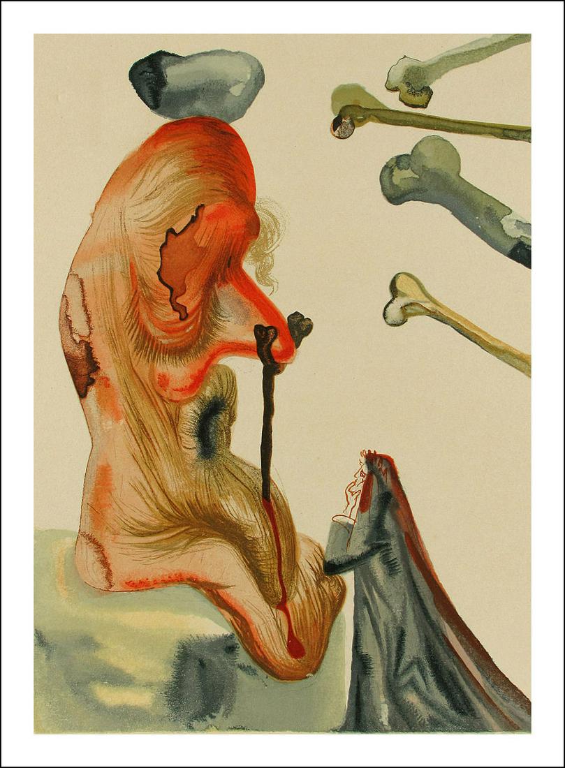 Salvador Dali Woodcut, Fraudulent ones – Hell 18: Artist: Salvador Dali Country: Spain Title: The fraudulent ones – Hell 18 Provenance: Suite Divine Comedy Officially referenced in the Field catalogue p189 to 200 / Michel & Lopsinger 1083 Mediu