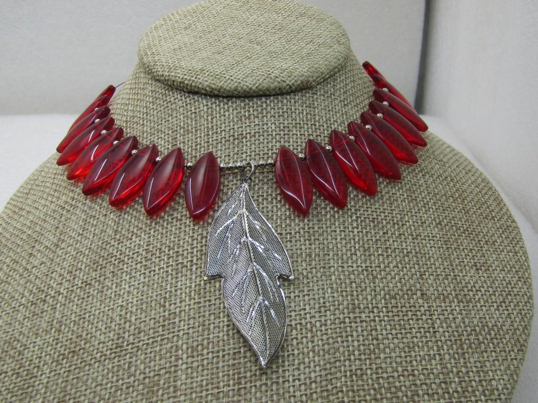 Vintage Red  Leaf & Silver Leaf Choker Necklace, 13", (1 of 10)