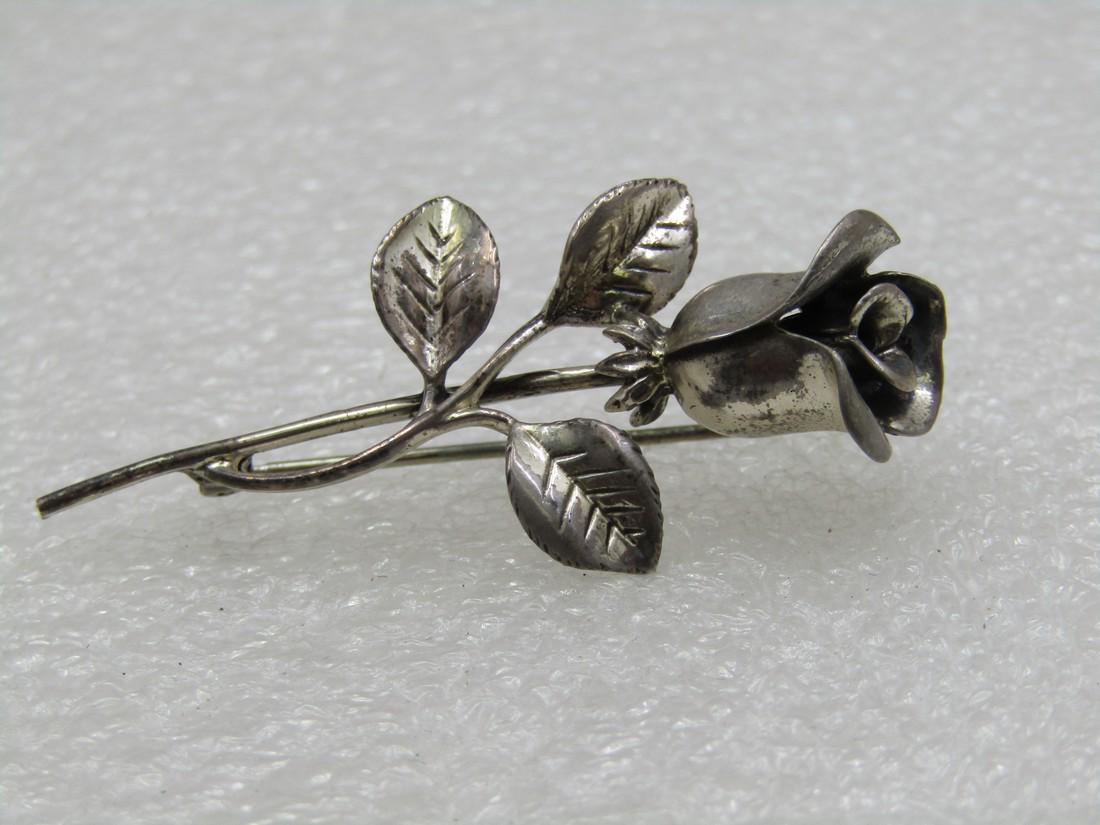 Vintage Sterling Long Stem Rose Brooch, 2" (1 of 6)