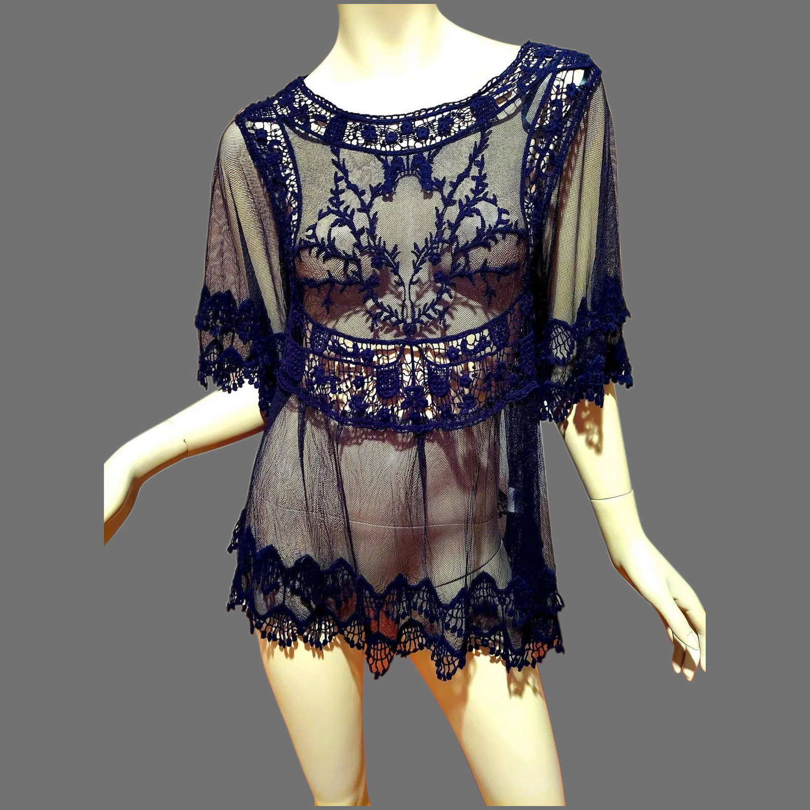 Vtg Embroidered French Lace on tulle Black Tunic Top (1 of 6)
