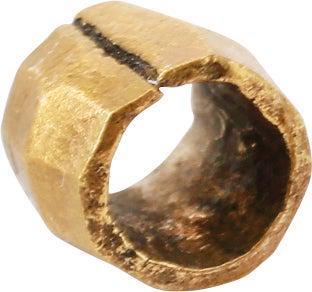 ANCIENT VIKING GILT BEAD, 9TH-11TH CENTURY AD: 6.3mm length, about 1/4". Hand formed from bronze, forged to hexagonal section with the center swelled to a ridge. Butted seam. Professionally refurbished with the 24karat gold overlay restored. Gift 