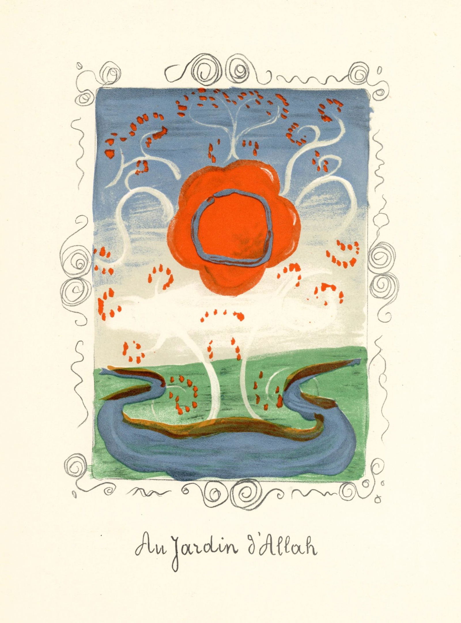 Andre Derain lithograph "In the Garden of Allah": Medium: lithograph. Published in Paris by Teriade for Verve (Volume 1, Number 4), in 1939. Verve was founded in 1937 to showcase original prints by the leading artists of the day, with outstanding tec