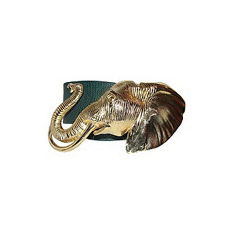 Accessocraft NYC Gold Elephant Belt: 18K gold-plated costume metal elephant buckle with green leather embossed lizard belt, circa 1970. Elephant buckle: 6"L x 3"W. Belt: 39"L x 3"W. Marked: Accessocraft NYC. Hook and eye-lit closure; adj