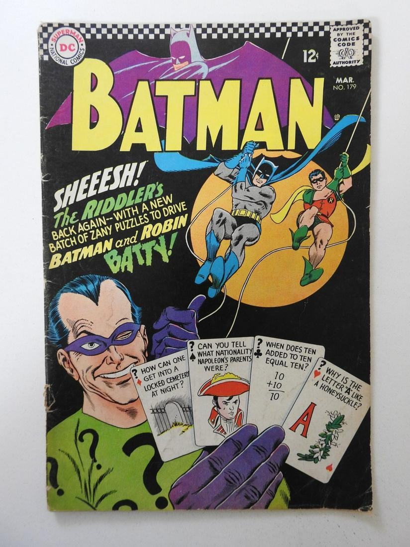 Batman #179: No Reserve! Batman #179 - FR Cover detached, 1st 2 wraps detached at bottom staple Shipping: Domestic: Flat-rate of $9.99 (1-8 items) or $19.99 (9+ items) to anywhere within the contiguous U.S. Intern