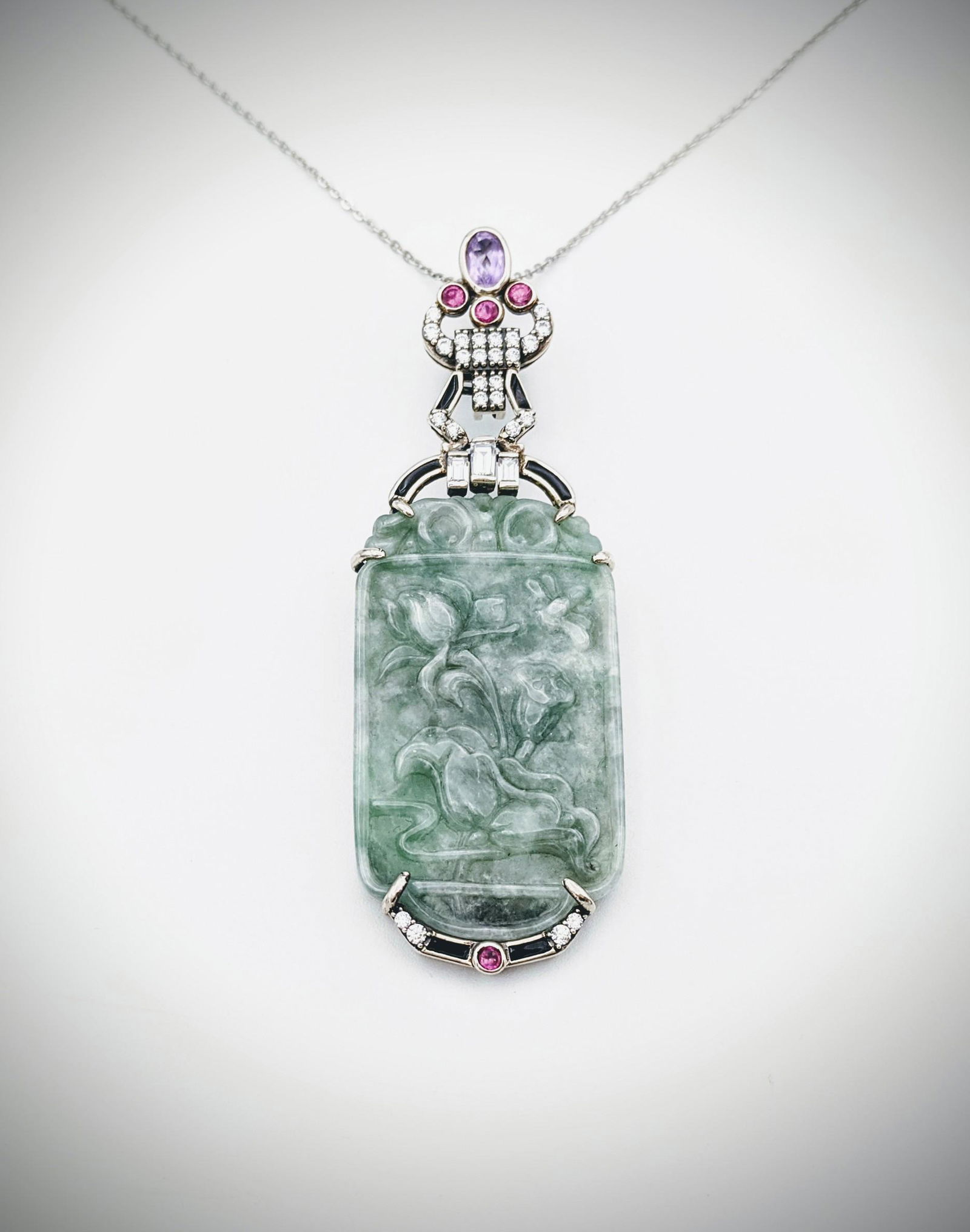 Jade Engraved Pendant w Pink & Purple Amethyst, CZs & (1 of 3)