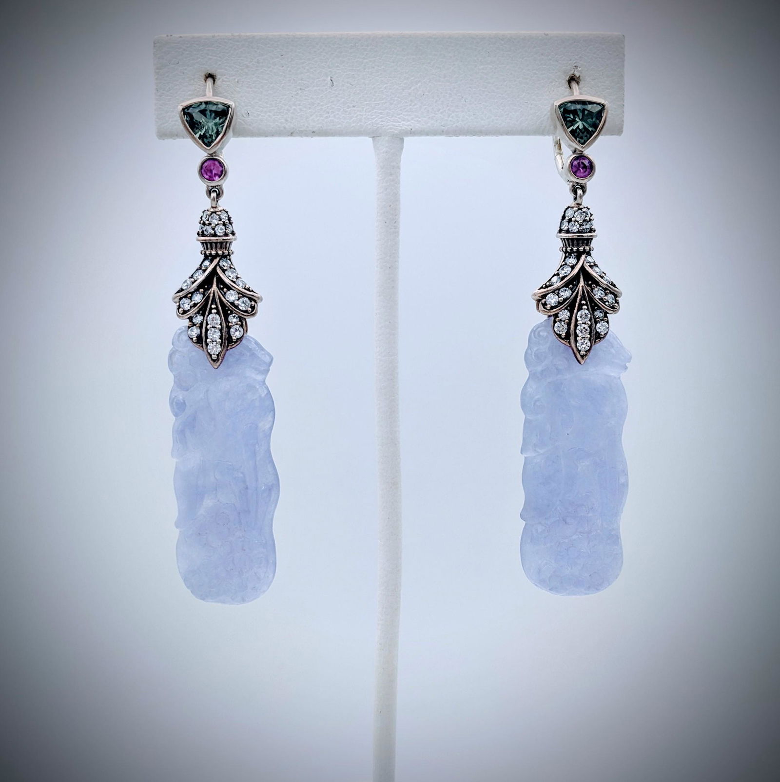 Sterling Silver Earrings w Engraved Violet Jade, (1 of 3)