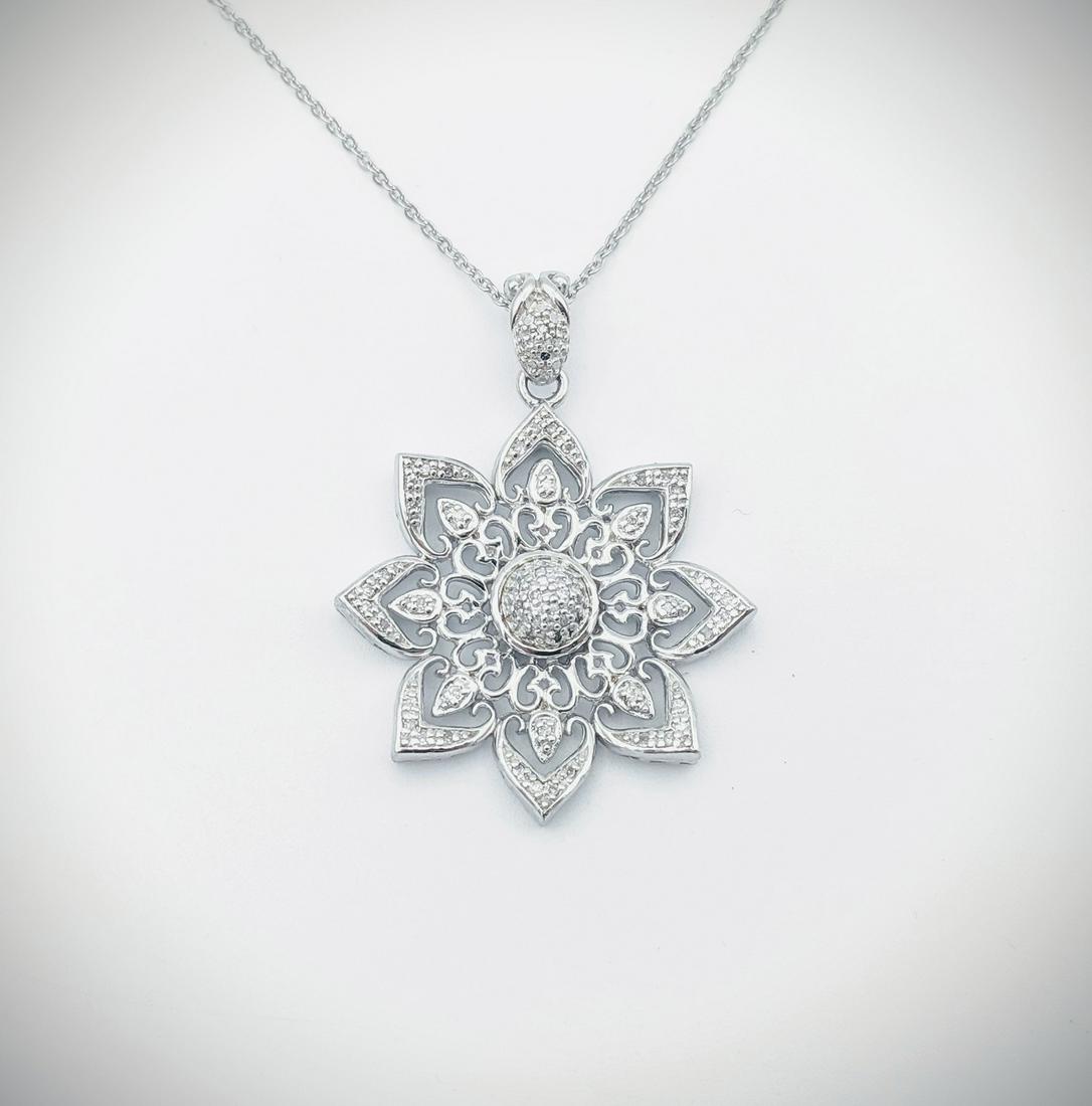 Sterling Silver Necklace w Flower Designed Diamond (1 of 3)