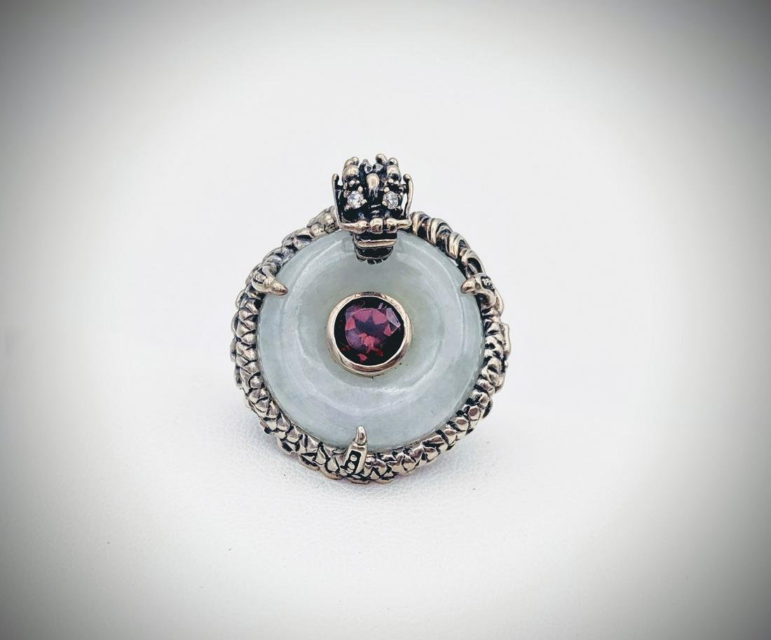 Sterling Silver Sz 7 Dragon Ring w Jade, Red Garnet & (1 of 3)