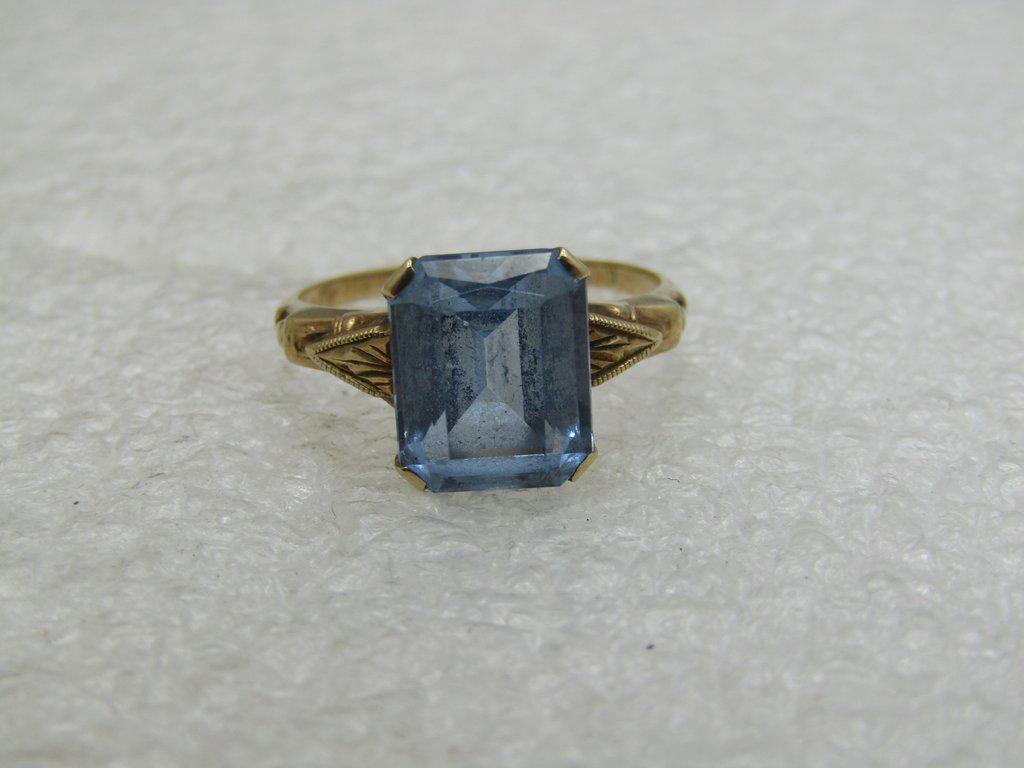 Vintage 10kt Blue Topaz Princess Cut Ring, Art Deco, (1 of 11)