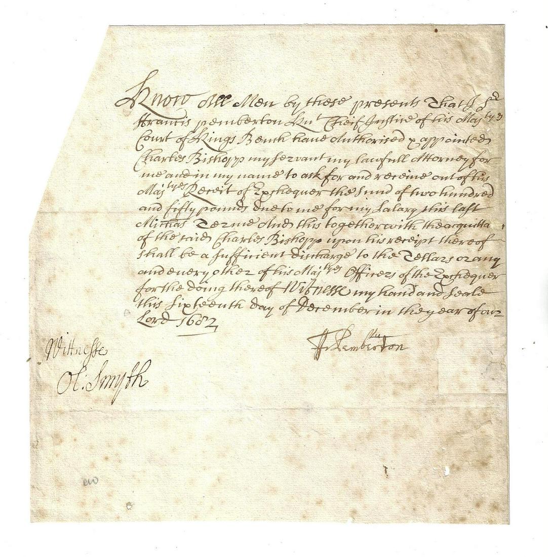 1682 Manuscript Signed Pemberton Chief Justice (1 of 1)