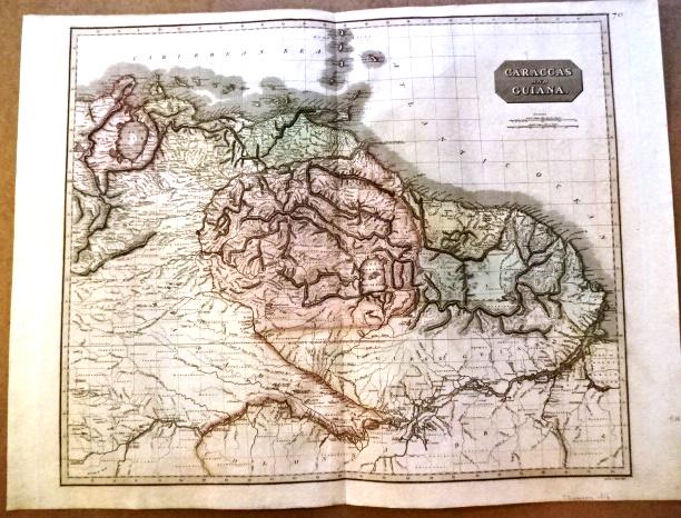 1817 Map Caraccas and Guiana Handcolored: Antique map entitled "Caraccas and Guiana", published at Edinburgh John Thomson, 1817. Nicely handcolored. Fine, measures 28 x 21", central fold as issued. Reserve: $100.00 Shipping: Domestic: Flat-ra