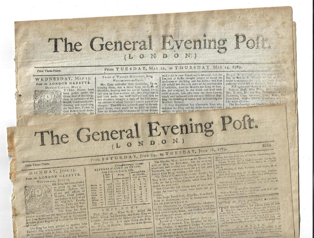 1789 Two Issues General Evening Post (1 of 2)