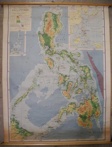 Ranally Physical - Political Philippines: Publication Date: 1951 Title: Ranally Physical - Political Philippines Publisher: RAND MCNALLY & COMPANY Height: 54 Width:38.5 Brightly colored (by topography) map of the entire island chain in detail