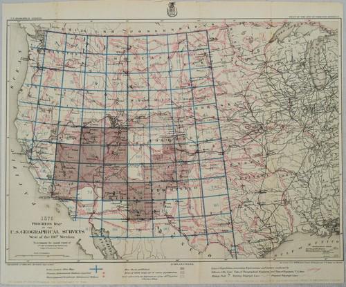 1876 Progress Map of the U.S. Geographical Surveys West: Title: 1876 Progress Map of the U.S. Geographical Surveys West of the 100th Meridian Cartographer: G Wheeler Year / Place: 1876, Washington Map Dimension (in.): 17.4 X 22.4 in. This outstanding map sh