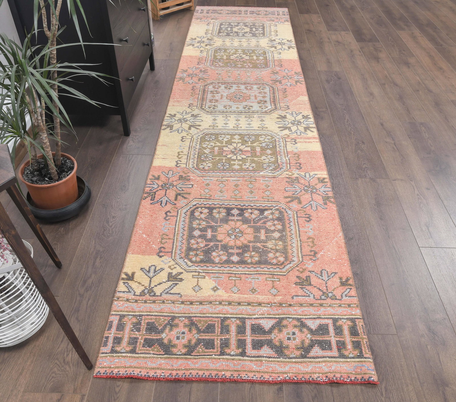 3x12 Turkish ANTIQUE Runner, Oushak Handmade Wool: This Turkish one-of-a-kind Vintage Runner Rug is hand-knotted and handwoven by the most skilled artisans who use pure wool, in faded, natural tones, and stylish, oriental design in Orange Color. It is