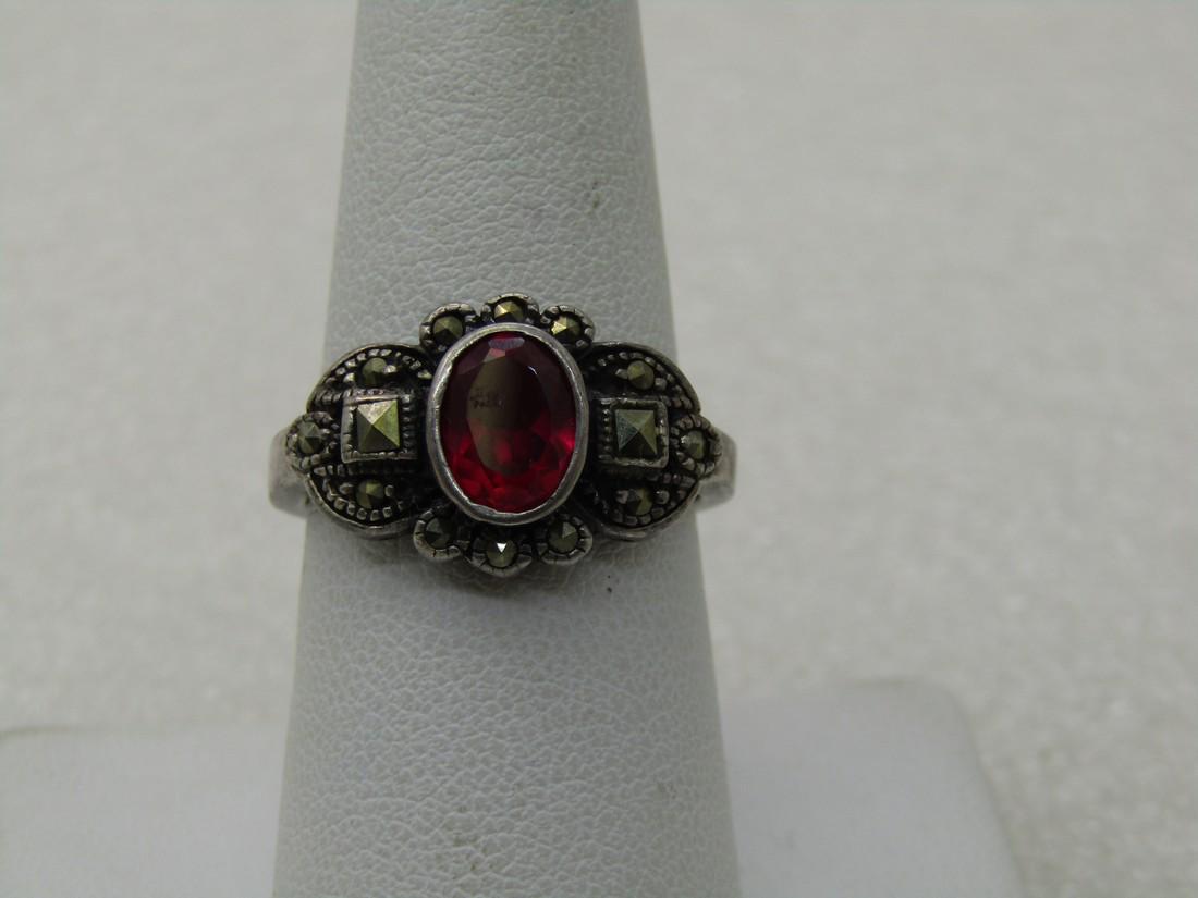 Vintage Sterling Ruby & Marcasite Ring, Sz. 825. (1 of 5)