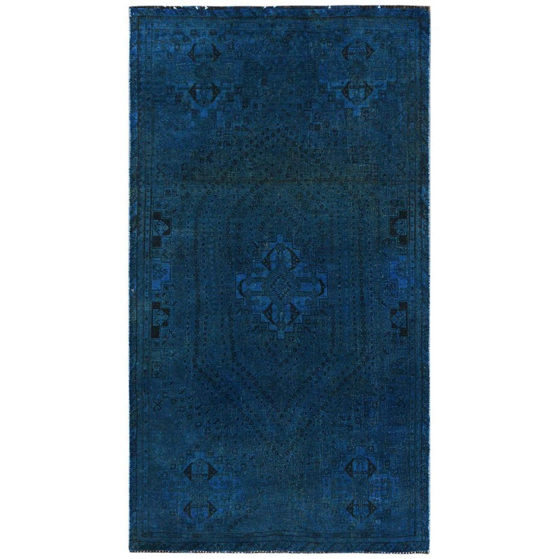 Overdyed Blue Cast Persian Qashqai Vintage Worn Wool: Title: Overdyed Blue Cast Persian Qashqai Vintage Worn Wool Hand Knotted Rug Date/Period: 1960 Origin: IRAN (Islamic Republic of Iran) Dimension: Exact Size : 4'5" x 7'10" Material: Worn Wool, Wool Ad