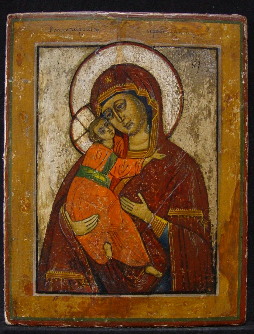 Virgin of Vladimir: Title: Virgin of Vladimir Origin: Russia Antique Religious Old Icon Date/Period: 19th century Material: tempera on wooden board Size: 22 x 17 cm Provenance: According to the ancient traditions, this o