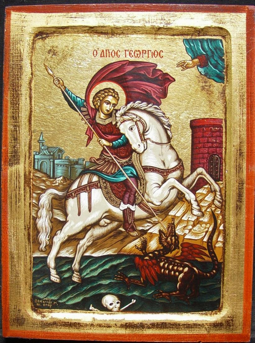 Saint George: Title: Saint George Origin: Greek Antique Old Religious Icon Date/Period: 20th century Material: tempera on wooden board Size: 2 x 22 cm Provenance: Saint George of Lydda (ca. 275/281 ? April 23, 303)