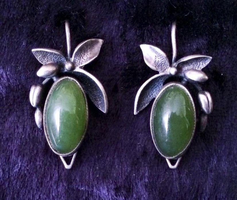 Vintage earrings Silver 875 Jade Soviet eardrop USSR (1 of 3)