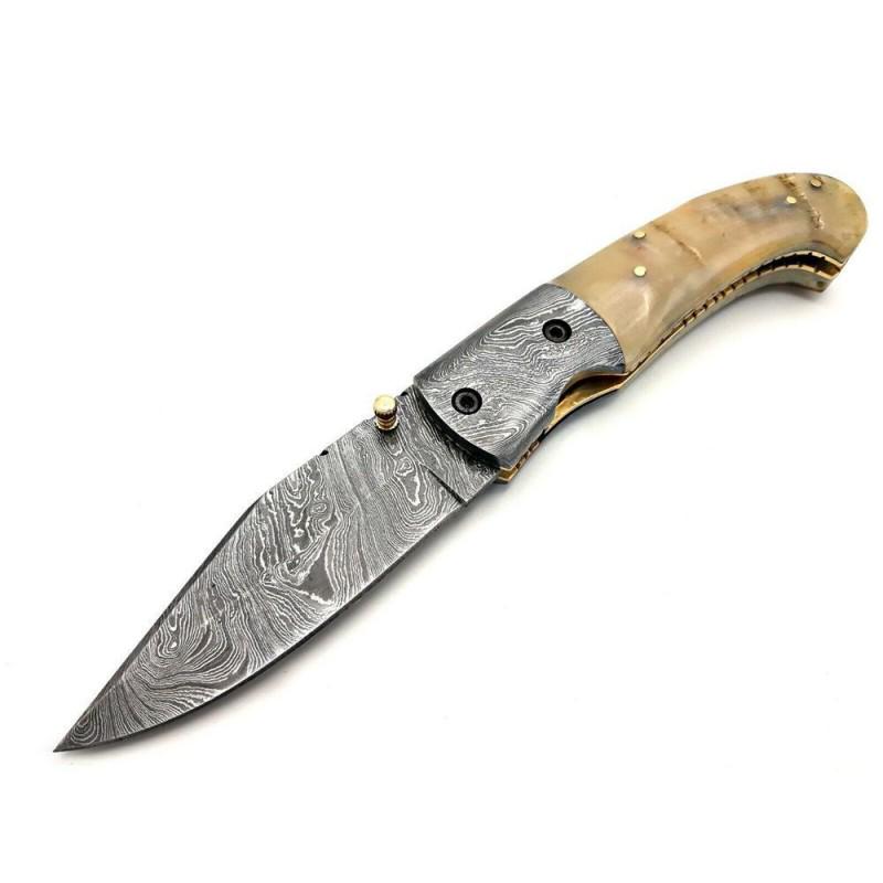 Inner lock damascus steel knife folding ram horn: Knife "Auburn" made of damask steel. Made and shipped from the USA. Fast delivery! Handle – ram horn and scabbard - genuine leather. Damascus knives are very durable, look great and keep sharpne