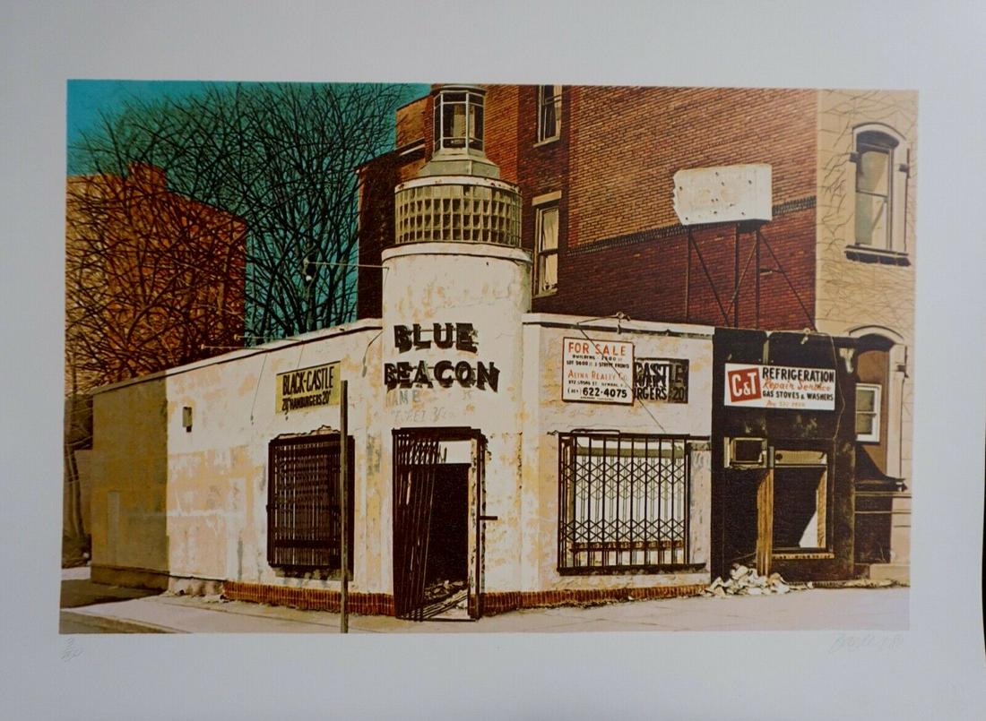 John Baeder: Blue Beacon: Artist: John Baeder Title: Blue Beacon Year: 1980 Dimensions: 22 in. by 30 in. Edition: From the limited edition of 250 Medium: Screenprint Condition