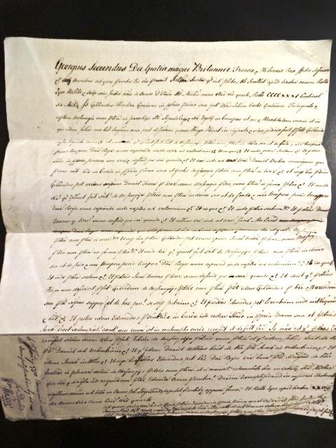 1770 Manuscript English Recovery in Latin London: An attested copy of an English Recovery from the reign of George I examined and created here in 1770. Pertains to property at Cow Cross street and Sharps Alley. Nice watermark. Very Good, measures 13 