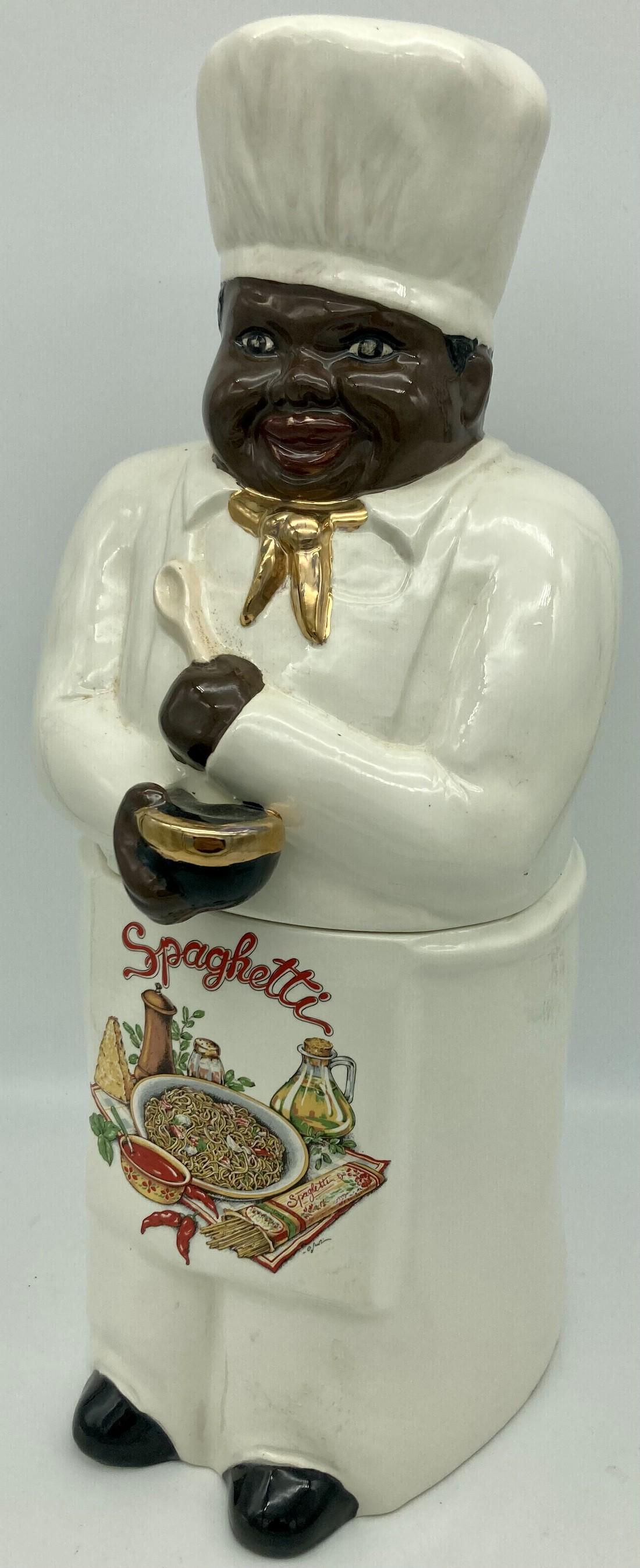 Kayes Kreation Chef Arden Spaghetti/cookie Jar: Title: Kayes Kreation Chef Arden Spaghetti/cookie Jar Date/Period: 1994 Dimension: Aprox 15.5" X 6" x 7" Material: Ceramic Additional Information: 1993 CHEF ARDEN SPAGHETTI COOKIE JAR KAYES KREATIONS.